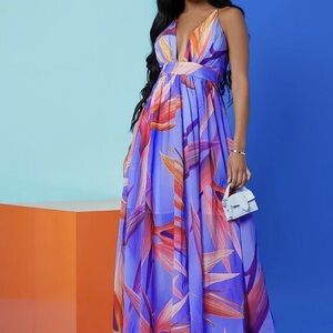 Floral statement Maxi Dress in Blue and Orange tangerine boho flowy bohemian 3Xl